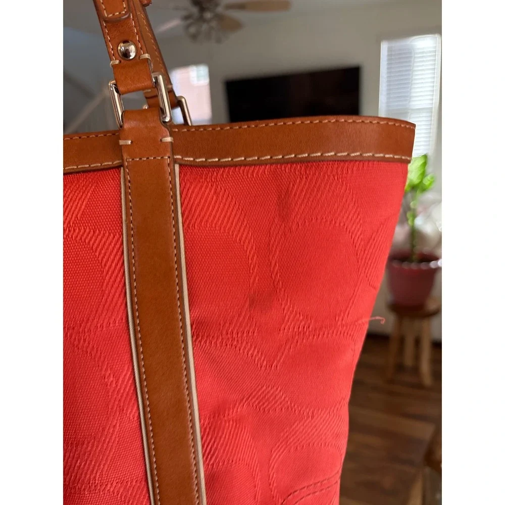 Coach Signature Jacquard Tote Bag Coral Coral Leather Trim Shoulder Bag